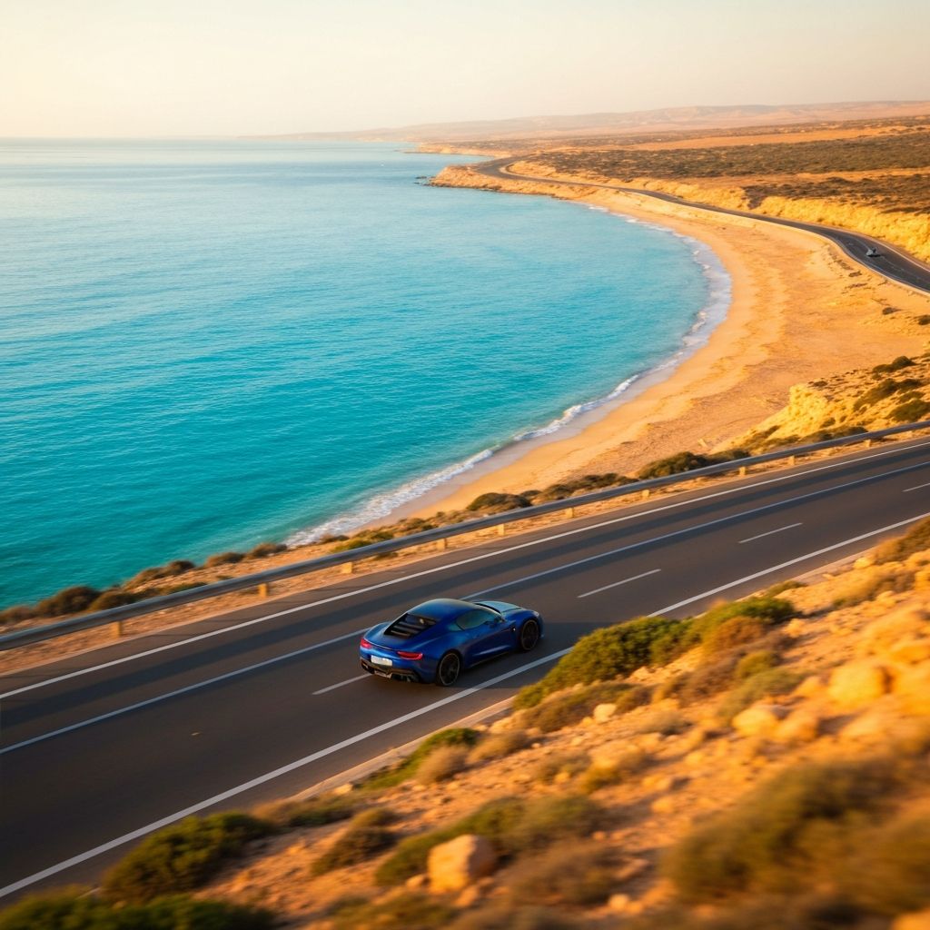 A sunlit road winding along the Mediterranean coast